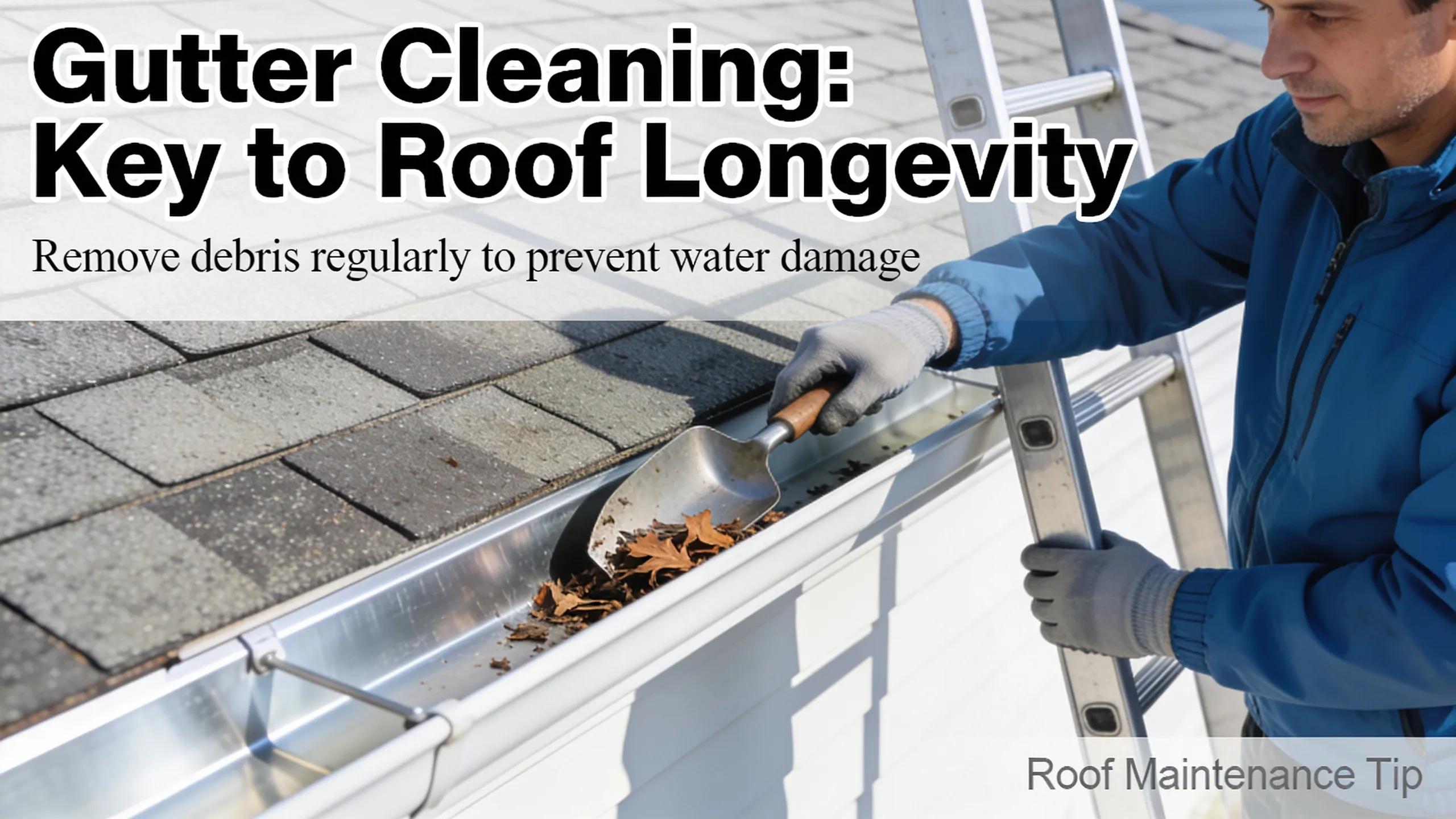 Homeowner cleaning gutters as a crucial roof maintenance tip to ensure longevity