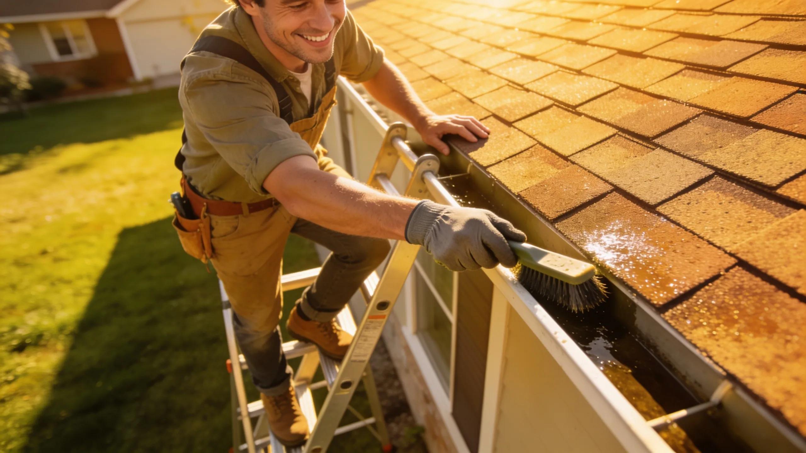 Homeowner performing roof maintenance tasks like cleaning gutters or inspecting shingles