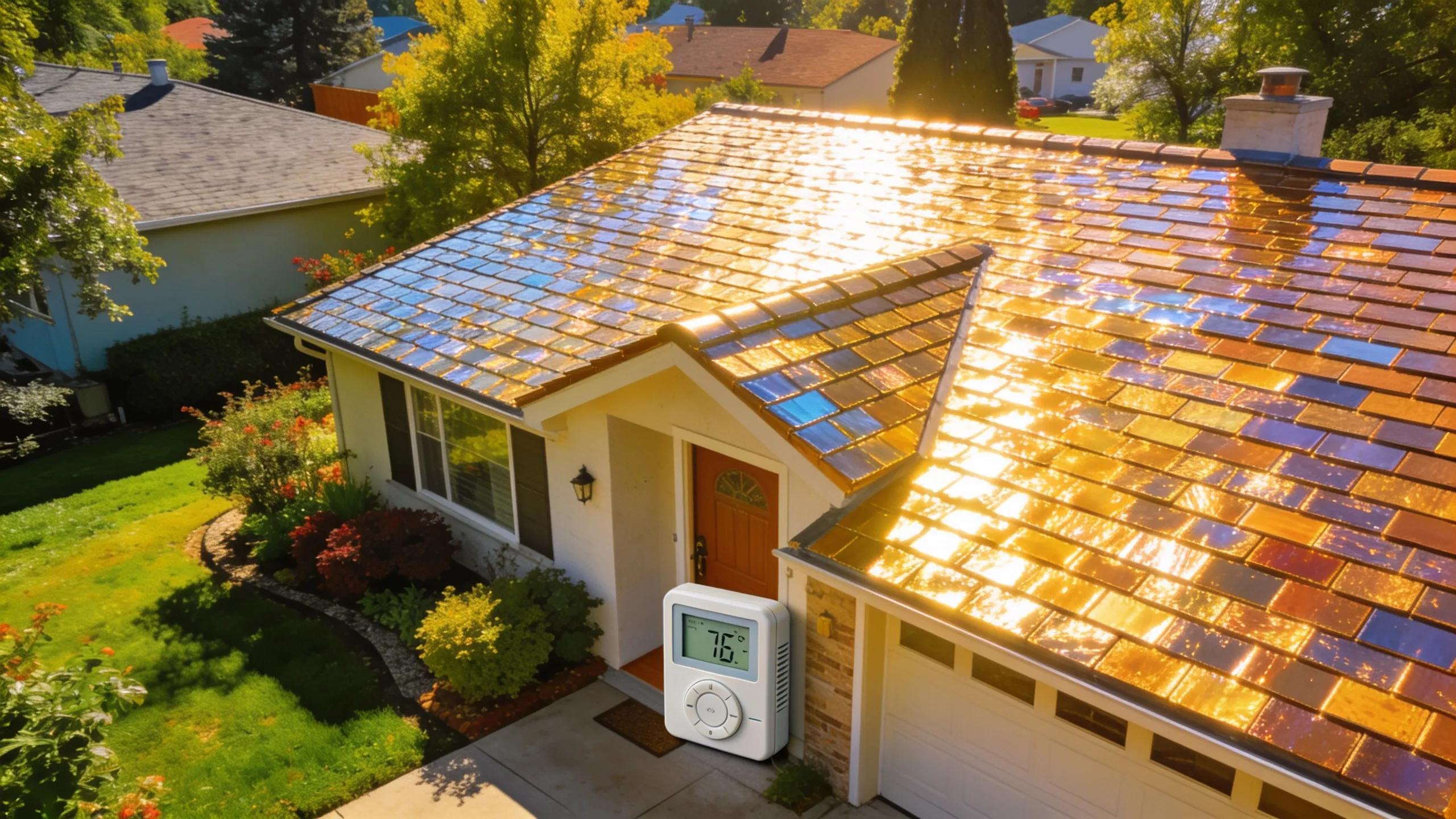 Home with energy-efficient cool roofing system in a suburban setting