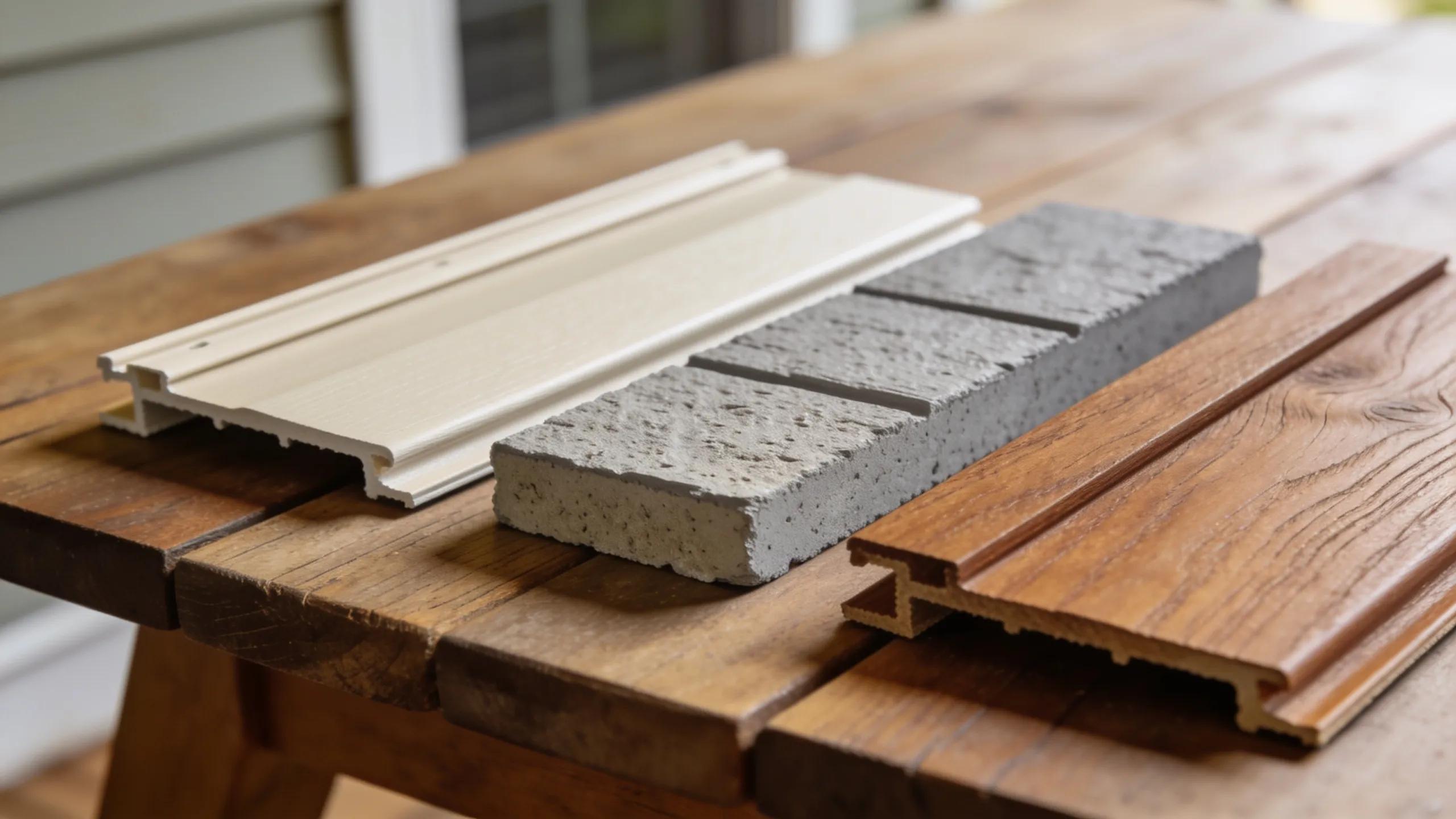 Variety of siding materials including vinyl, fiber cement, and wood displayed on a wooden table