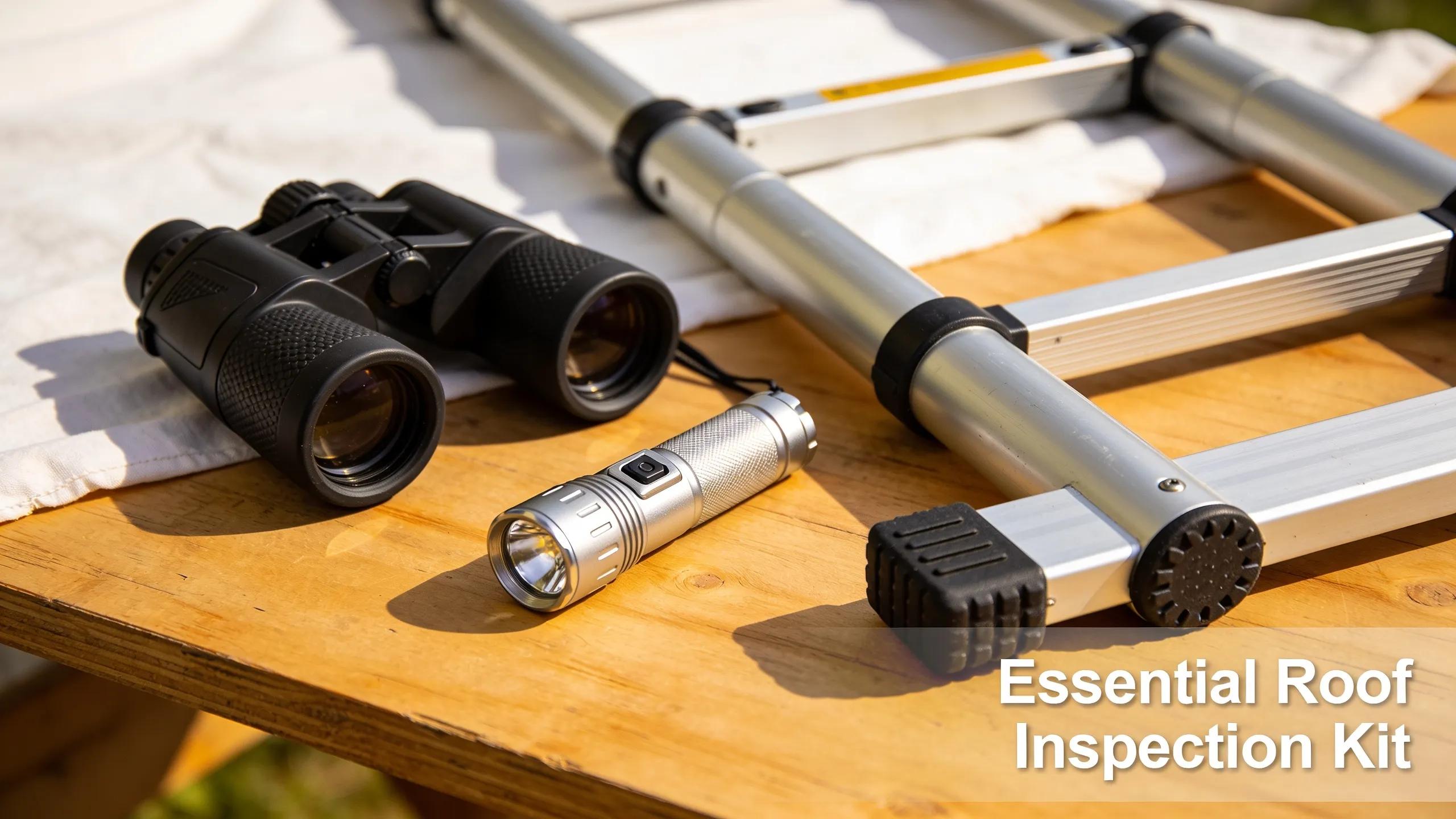 Essential roof inspection tools like binoculars and flashlight on a clean surface