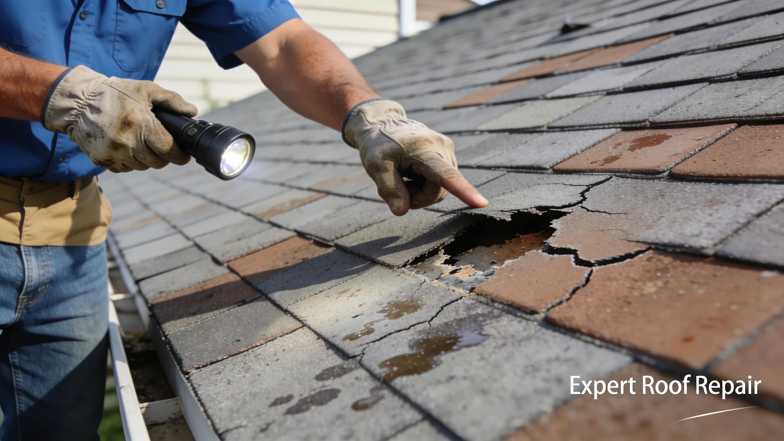 Roof contractor inspecting residential roof highlighting expertise in repair services