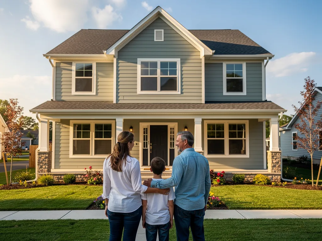 Satisfied family in front of their newly renovated home after siding installation by ZBA Exteriors